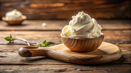 Creamy mascarpone cheese scoop isolated on rustic wooden board with soft morning light and blurred background, emphasizing texture and elegance.