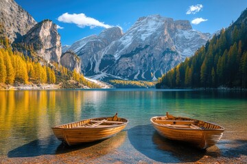 Wall Mural - wooden boats on lake shore