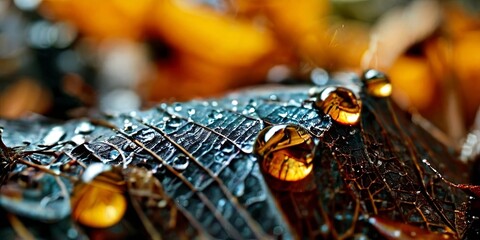 Wall Mural - A leaf with droplets of water on it