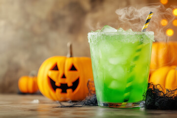 Witch's Brew Punch green cocktail, Halloween background