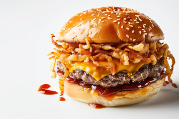 Wall Mural - Barbecue cheeseburger with crispy fried onions