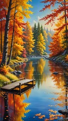 Wall Mural - A serene autumn landscape with colorful fall leaves, a calm lake reflecting the vibrant trees, a wooden bridge crossing over the lake, warm sunlight filtering through the foliage, heroic art