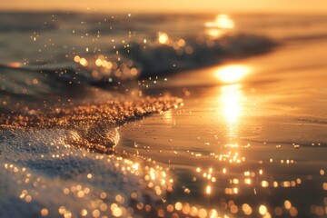 Wall Mural - A coastline bathed in golden sunset light, with waves reflecting a magical glow. The blurred grains of sand in the foreground subtly shimmer, enhancing the ethereal atmosphere 