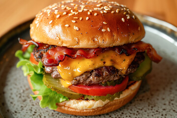 Wall Mural - Close-up of bacon cheeseburger with sesame bun