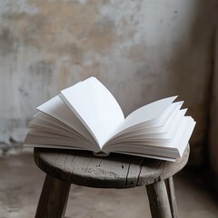 A white paper book spread open on a round wooden stool, empty white book, close up of book