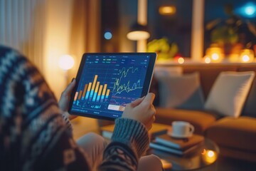 Aufkleber - A person reviews financial trends on a tablet while relaxing in a well-lit living room in the evening. Generative AI