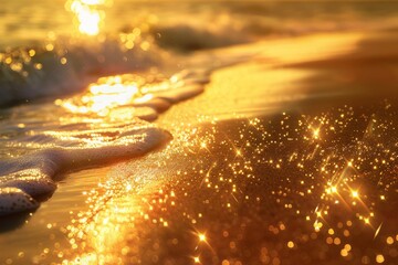 Wall Mural - A coastline bathed in golden sunset light, with waves reflecting a magical glow. The blurred grains of sand in the foreground subtly shimmer, enhancing the ethereal atmosphere 