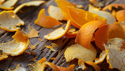 Fresh orange fruit peels on wooden table, closeup