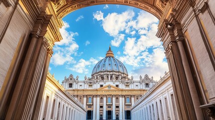 An overview of the entrance to St. Peter's Basilica, with its grand façade and impressive architecture set against a clear blue sky.