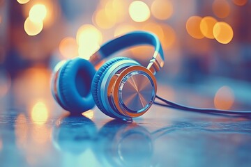 Wall Mural - vibrant blue headphones with a glowing cable set against a bokeh background symbolizing modern techn