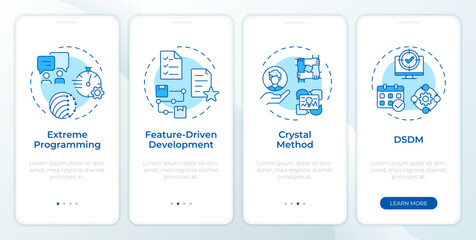 Wall Mural - Agile management methodologies blue onboarding mobile app screen. Walkthrough 4 steps editable graphic instructions with linear concepts. UI, UX, GUI template. Montserrat SemiBold, Regular fonts used