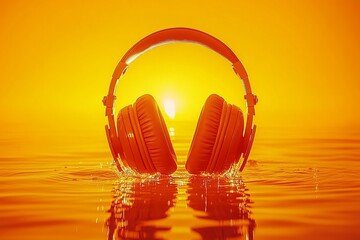 Canvas Print - Artistic composition of headphones reflecting a golden sunset on water capturing the serene beauty of music and nature in a warm tranquil atmosphere