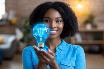 Sticker - Happy woman holding a glowing blue light bulb symbolizing innovation positivity and fresh ideas in a bright joyful setting