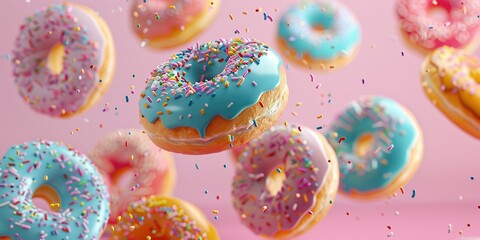 Doughnuts. Flying Frosted Sprinkled Donuts. Round, Icing, Colourful Delight in Motion