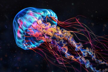 Wall Mural - A holographic jellyfish, with tentacles flowing gracefully and shifting colors.