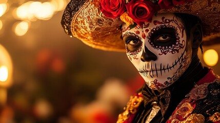 A close-up of the face and hat of an attractive man in Day of the Dead.