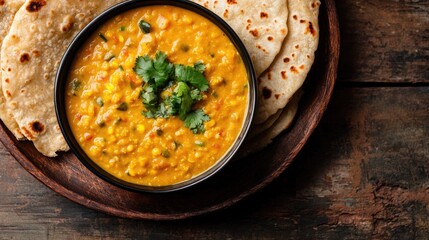 A bowl of rich, creamy dal with roti, with ample space on the side for a message