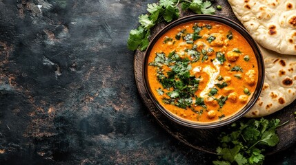 Wall Mural - A bowl of rich, creamy korma with naan, with blank space on the side for a message