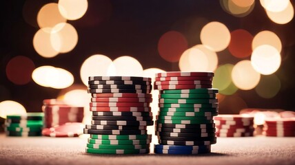 Casino poker chips on light illumination, bokeh