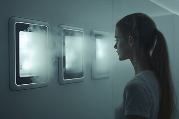 Poster - Woman interacting with futuristic touch screens in a modern high tech environment symbolizing advanced technology digital innovation and the seamless integration of human and machine