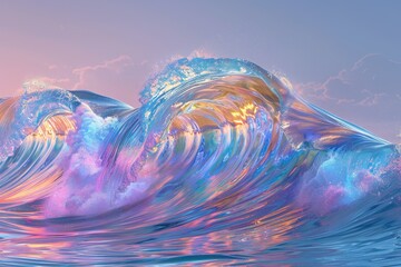 Wall Mural - A holographic ocean wave, cresting and crashing with dynamic, colorful motion.