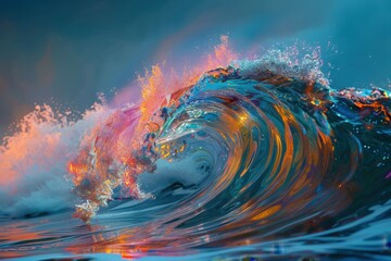 Wall Mural - A holographic ocean wave, cresting and crashing with dynamic, colorful motion.