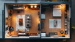 © Shahazadi - Modern apartment layout with living room and bedroom design in warm lighting