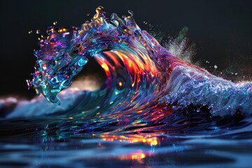 Wall Mural - A holographic ocean wave, cresting and crashing with dynamic, colorful motion.