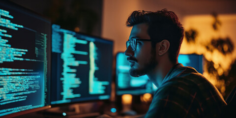 Programmer's Intense Concentration in Dimly Lit Room