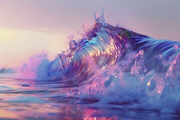 Wall Mural - A holographic ocean wave, cresting and crashing with dynamic, colorful motion.