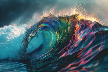 Wall Mural - A holographic ocean wave, cresting and crashing with dynamic, colorful motion.