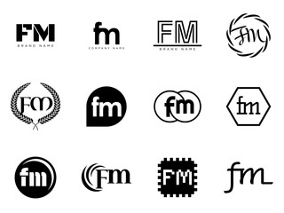 FM logo company template. Letter f and m logotype. Set different classic serif lettering and modern bold text with design elements. Initial font typography.