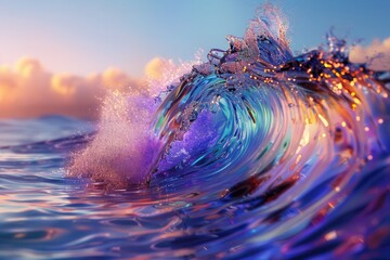 Wall Mural - A holographic ocean wave, cresting and crashing with dynamic, colorful motion.