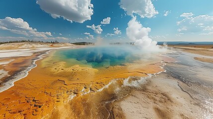 Stunning view of a geothermal hot spring with vibrant colors and steam rising under a beautiful sky with scattered clouds.