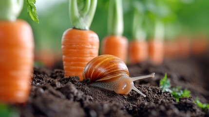 Sticker - A snail crawling through a field of carrots and other vegetables, AI