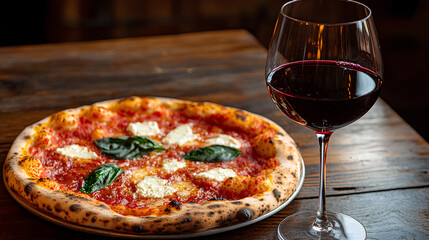 A rustic pizza with mozzarella and basil, served alongside a rich red wine in an elegant glass on the side.