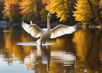 Wall Mural - An image of a white swan gracefully spreading its wings while gliding on a calm lake