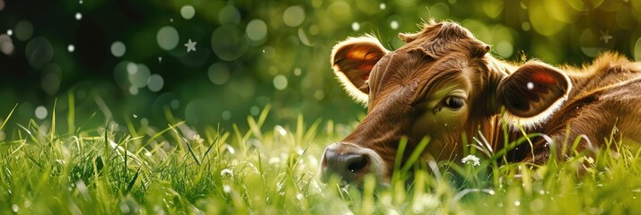 Sticker - A cow relaxing serenely on vibrant green grass in a peaceful rural setting.