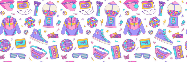 Canvas Print - seamless pattern colorful elements 80s 90s. disco ball, sunglasses and bubble gum, cassette. vector 