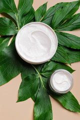 Wall Mural - Natural beauty cream and green leaves