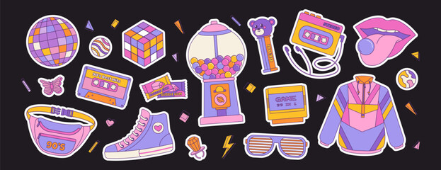 Set of colorful elements 80s 90s, retro badge, emblem, fashionable patch. Disco ball, sunglasses and bubble gum, cassette. Vector illustration