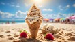 © Pixelpur - Creative ice cream flavors day, happy national ice cream day, sunny day ice cream on a sandy beach