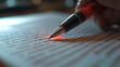© Jhati - A close-up of a hand holding a red pen, editing a printed document on a wooden table during afternoon light