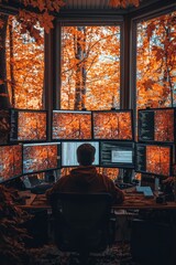 Canvas Print - A cozy, autumnal workspace with a programmer surrounded by screens.