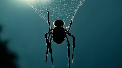 Wall Mural - Creepy spider hangs upside down on its delicate web, bathed in the warm glow of the setting sun, casting a spooky silhouette against the darkening sky, creating an eerie and mesmerizing scene