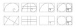 © vikusha_art - Set of golden ratio templates. Fibonacci sequence grids. Logarithmic spiral in rectangle frame divided on lines, squares and circles. Ideal symmetry proportions layouts. Vector graphic illustration.
