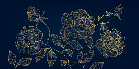vector gold on blue roses line art, elegant style flowers background. leaves and bloom spring design