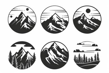 Set of mountain and river emblem logo design with black outdoor nature line art icon vector illustration on white background