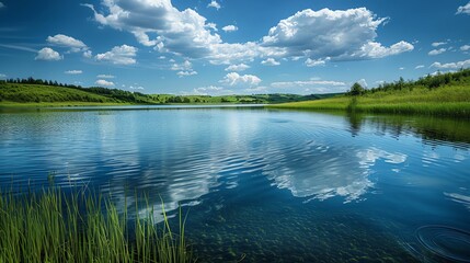 Serene lake with still water reflecting clouds, surrounded by green hills and grass under a vibrant blue sky.