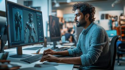 Wall Mural - Young Indian man designing characters for an adventure game, using 3D modeling tools